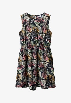 Robe noire sans manches avec taille élastique, présentant un motif de feuilles tropicales multicolores et de points dans des tons rose, vert, beige et moutarde.