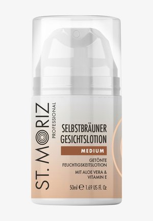 Lotion auto-bronzante visage ton moyen de St. Moriz, 50 ml, avec aloe vera et vitamine E dans un flacon pompe.