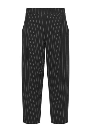 Pantaloni neri a gamba stretta con sottili righe verticali bianche e vita alta, con tasche laterali e vestibilità su misura.