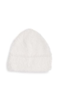 White fur beanie with a soft, textured finish. Features a folded brim and an elongated shape tapering at the top.