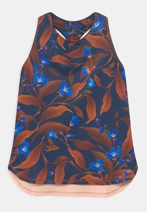 Haut sans manches bleu marine avec grand motif floral de grandes feuilles marron et fleurs bleu vif, ourlet rose clair.