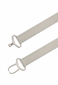 Grå hängslen med en slät textur, utrustade med metallklämmor i en stilren design i varje ände. Hållbara och justerbara för komfort.