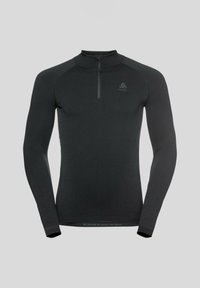 Zwart long-sleeve ondershirt met een half-rits kraag, textuurstof, naadloos ontwerp en subtiele logo detail op de borst.