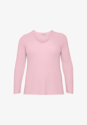 Suéter de punto en color rosa claro con escote en V, mangas largas, tela texturizada y un corte relajado, apto para el uso casual.