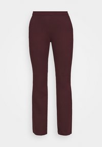 Pantalon bordeaux à coupe ajustée, avec une texture lisse et une taille haute. Pas de poches visibles ni d'ornements.