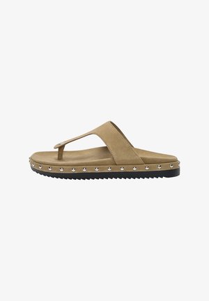 Sandale flip-flop din suede bej, cu un design cu post pentru degete, având o talpă din cauciuc și cu capse argintii pe margine pentru un plus de detaliu.