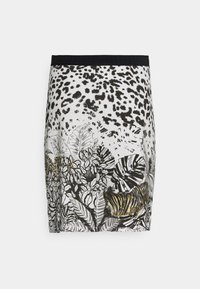 Jupe noire courte avec un imprimé léopard et des motifs floraux élaborés en noir et or, dotée d'une taille texturée.