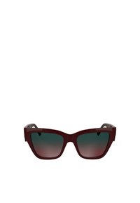 Óculos de sol em formato cat-eye na cor bordô com lentes verdes degradê, apresentando um acabamento brilhante e hastes grossas. Sem hardware ou padrões visíveis.