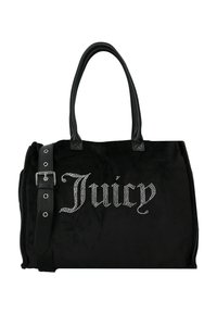 Borsa tote in suede nero con manici in pelle nera lucida, testo "Juicy" con borchie in strass e tracolla regolabile con ferrature metalliche.