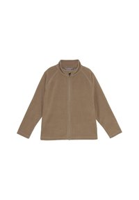 Giacca in pile marrone con chiusura frontale a zip completa e colletto rialzato, maniche lunghe e dettagli delle cuciture visibili.