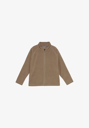 Brown fleece jacket with full front zipper and stand-up collar, long sleeves, and visible seam details.