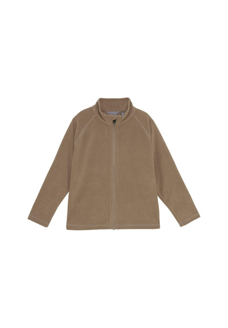 Giacca in pile marrone con chiusura frontale a zip completa e colletto rialzato, maniche lunghe e dettagli delle cuciture visibili.