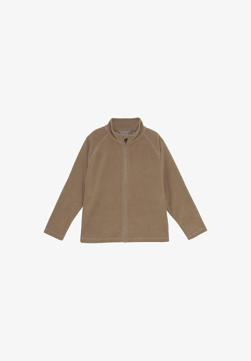 Giacca in pile marrone con chiusura frontale a zip completa e colletto rialzato, maniche lunghe e dettagli delle cuciture visibili.