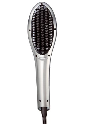Cepillo eléctrico para alisar el cabello con cerdas negras y mango plateado, conectado a un cable de alimentación.