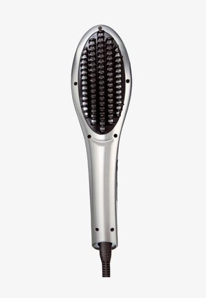 Brosse électrique lissante pour cheveux avec des poils noirs et un manche argenté, connectée à un cordon d'alimentation.