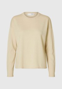 Světle béžový svetr s dlouhým rukávem a kulatým výstřihem, volný střih, měkká textura a minimalistický design. Žádné viditelné vzory nebo akcenty.