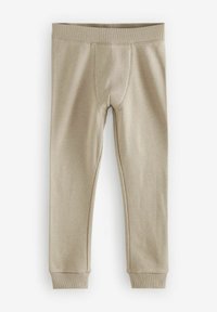 Beige leggings gemaakt van ribstof, met een soepele tailleband en taps toelopende boorden. Eenvoudig ontwerp met minimale detaillering.