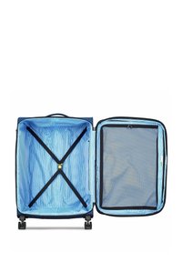 Valigia rigida di colore blu navy, con un interno a righe blu, cinghie incrociate per fissare gli oggetti e una tasca con zip in rete.