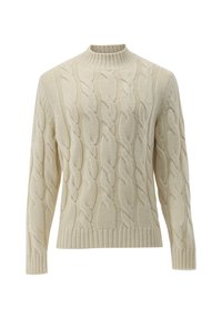 Cremefarbener Kabelstrickpullover mit hohem Kragen, langen Ärmeln sowie gerippten Abschlüssen und Saum. Das strukturierte Muster sorgt für Tiefe und Interesse.