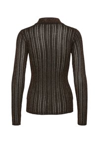 Långärmad tröja i ribbstickad design, har en mörkbrun botten med metalliska ränder. Den har en vikbar krage och en figurnära silhuett.