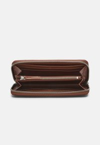 Brown leather wallet with a zip closure, featuring multiple card slots, a central zip pocket, and smooth interior texture.
