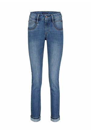 Lyseblå denim jeans med slim fit, der har fem-lomme design, broderede detaljer og opkrøllede cuffs ved anklerne.