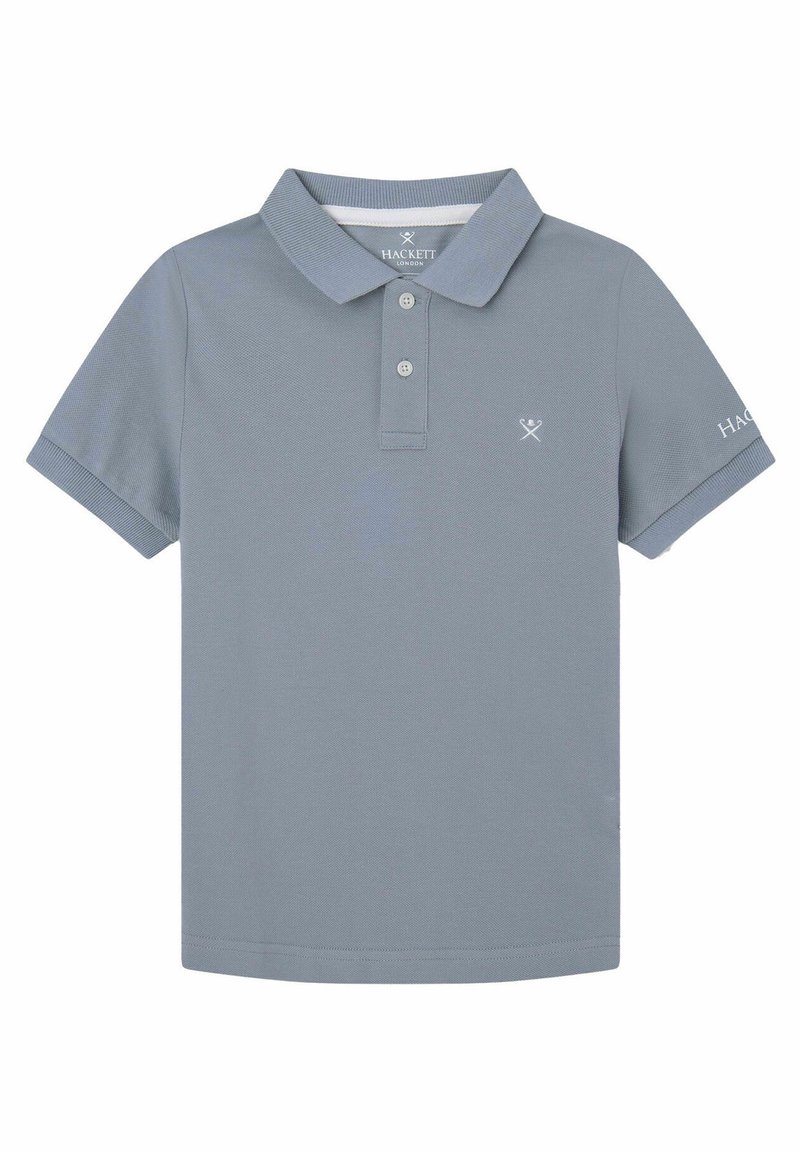 Světle šedé polo triko vyrobené z bavlny, s límečkem, knoflíkovou légou na tři knoflíky a vyšívaným logem na levé straně hrudi a rukávu.