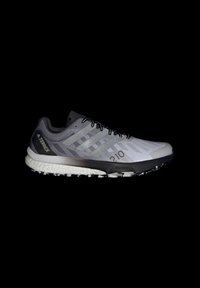 Zapatilla de running gris con parte superior de malla texturizada, acentos negros y una suela blanca gruesa con un patrón de banda de rodadura grueso. Etiquetada como "Terrex 210."