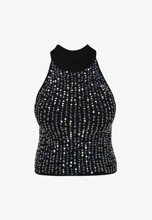 Haut sans manches noir avec un col montant, ornés de rangées verticales de sequins brillants et multicolores sur un tissu texturé.