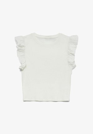 Witte kortlopende top met ruches van oogjes op de schouders, geribbeld textuur en een klassieke ronde halslijn.