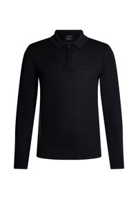 Zwarte polo met lange mouwen van gladde stof, voorzien van een ritskraag en een klassieke kraag. Minimalistisch ontwerp, zonder zichtbare patronen.
