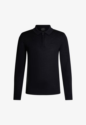 Polo a maniche lunghe nera realizzato in tessuto liscio, con patta con zip e colletto classico. Design minimalista, senza motivi visibili.
