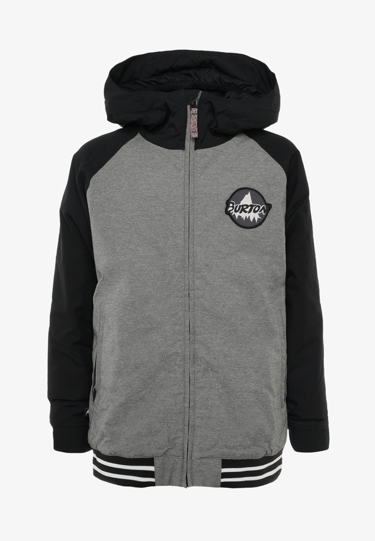 Graue und schwarze Kapuzenjacke mit Reißverschluss, gestreiften Bündchen und einem runden Patch auf der Brust, das ein Bergdesign und ein Logo zeigt.