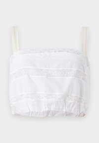 White cropped top with lace detailing, featuring horizontal stripes of fabric and lace trim, adjustable straps, and elasticized bottom hem.