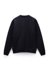 Black sweatshirt with a crew neckline, ribbed cuffs and hem, and smooth texture. No visible logos or patterns. Simple design.