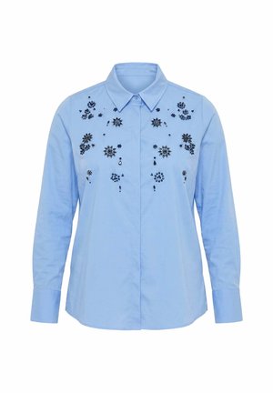 Ulla Popken, FLORAL SEQUINED LONG SLEEVE BUTTON-DOWN BLOUSE - Hemdbluse - pale blue