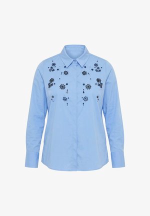 Ulla Popken, FLORAL SEQUINED LONG SLEEVE BUTTON-DOWN BLOUSE - Hemdbluse - pale blue