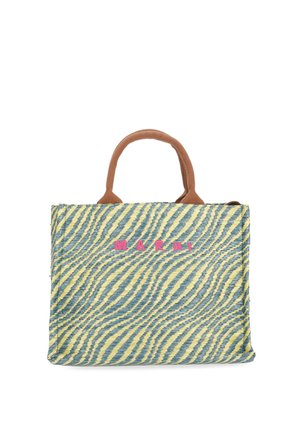 Borsa tote in tessuto a righe blu e gialle con manici marroni e la scritta "MARNI" in lettere rosa sul davanti.