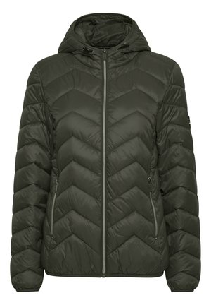 Giubbotto imbottito verde oliva con motivo a zigzag, chiusura con zip e cappuccio. Presenta tasche laterali e polsi elasticizzati.