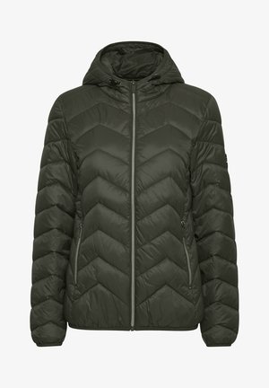 Giubbotto imbottito verde oliva con motivo a zigzag, chiusura con zip e cappuccio. Presenta tasche laterali e polsi elasticizzati.