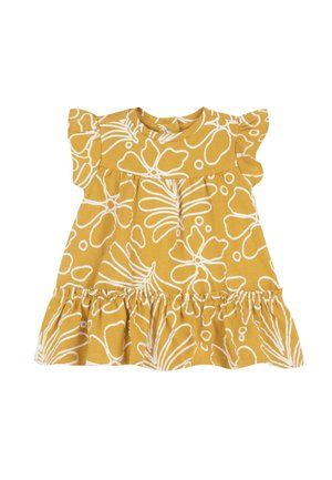 Robe en coton jaune avec des manches courtes à volants, motif floral blanc, taille froncée et ourlet évasé à volants.