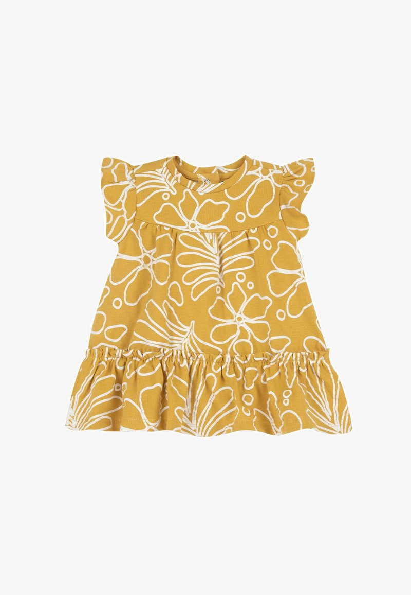 Robe en coton jaune avec des manches courtes à volants, motif floral blanc, taille froncée et ourlet évasé à volants.