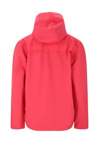 Vattentät rosa jacka med huva, långa ärmar och en mjuk textur. Har en ryggsöm och minimala sömmar för en smidig design.