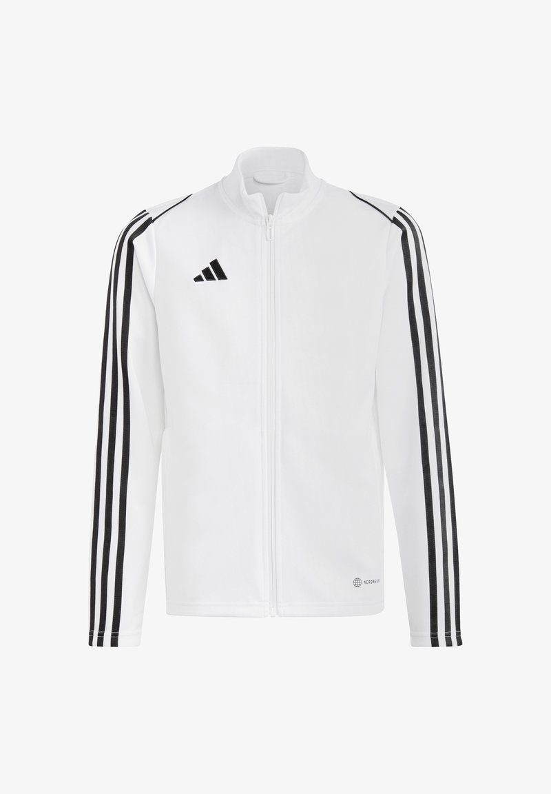 White athletic jacket featuring a full zipper, high collar, black three-stripe patterns down the sleeves, and "AEROREADY" logo on the bottom.