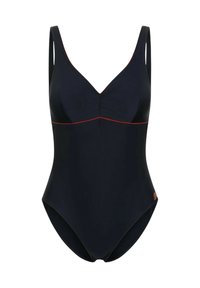 Costume da bagno intero blu navy con scollatura a V, spalline larghe e cuciture rosse a contrasto. Presenta un tessuto morbido e una silhouette aderente.