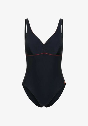 Costume da bagno intero blu navy con scollatura a V, spalline larghe e cuciture rosse a contrasto. Presenta un tessuto morbido e una silhouette aderente.