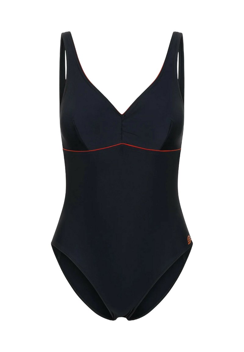 Costume da bagno intero blu navy con scollatura a V, spalline larghe e cuciture rosse a contrasto. Presenta un tessuto morbido e una silhouette aderente.