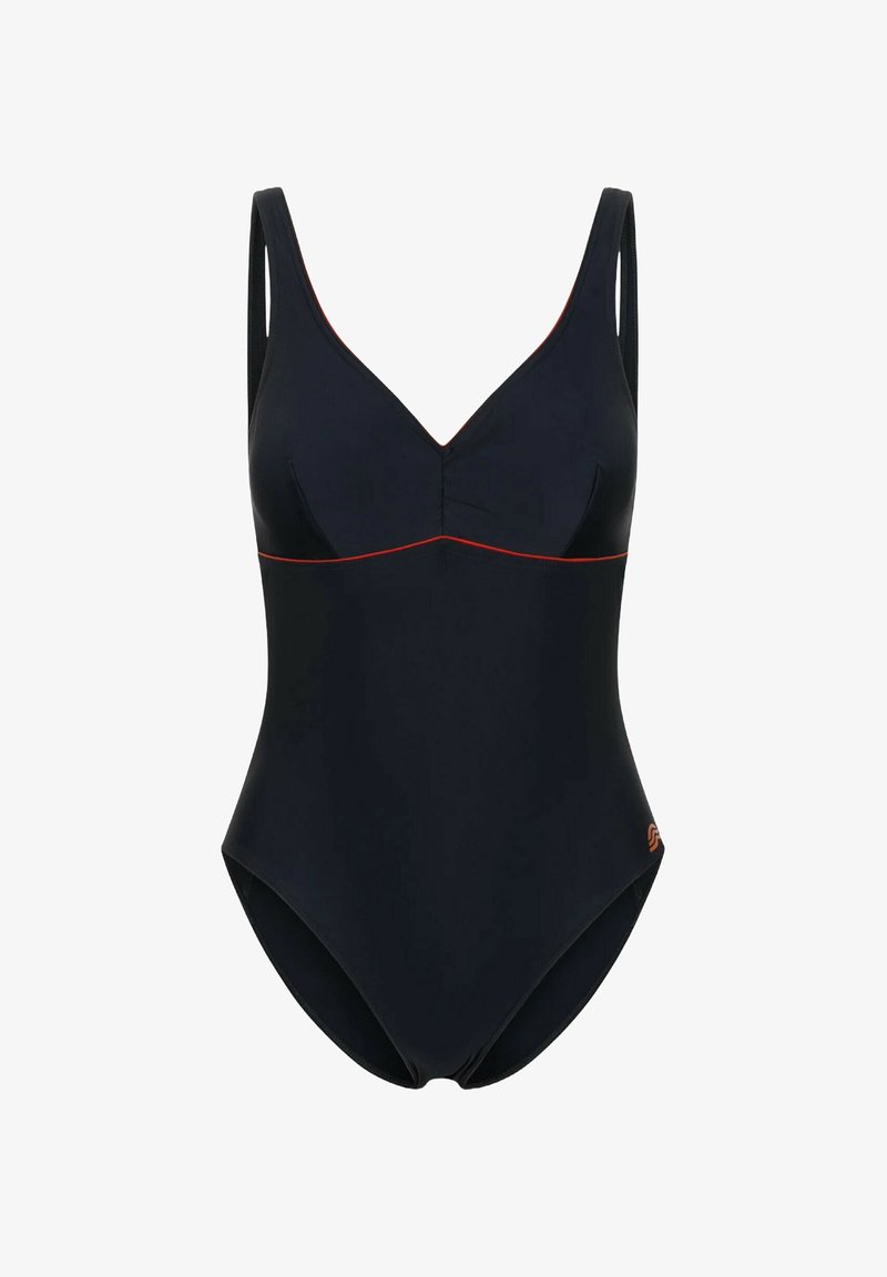 Costume da bagno intero blu navy con scollatura a V, spalline larghe e cuciture rosse a contrasto. Presenta un tessuto morbido e una silhouette aderente.