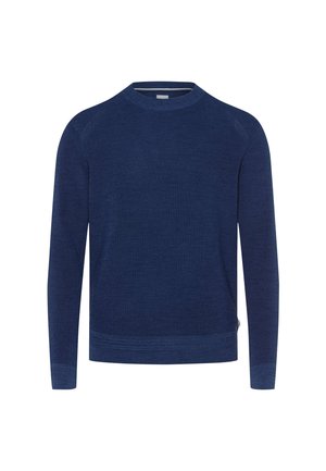 Maglione tricot blu navy con maniche lunghe, scollo a girocollo e polsini e orlo a costine. Texture liscia e senza motivi o hardware visibili.