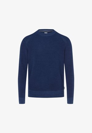 Marineblauwe gebreide trui met lange mouwen, ronde halslijn en geribbelde manchetten en zoom. Gladde textuur en geen zichtbare patronen of hardware.